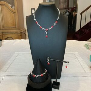 Talbots Red Rhinestone Floral Silver Tone Necklace, Bracelet and Earrings Set